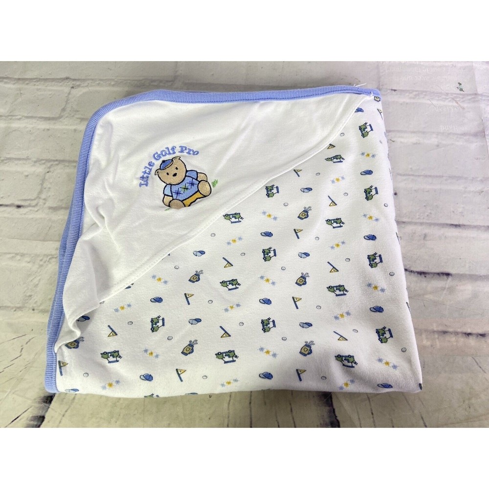 First Moments Layette Baby Blanket Little Golf Pro Club Tee White Blue Trim Hood